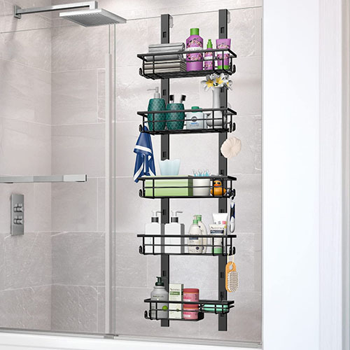 Spaclear Over The Door Shower Caddy, 5-Tier Adjustable Hanging Shower Shelves, Rustproof Stainless Steel with Hook Bathroom Organizer with Soap Holder for Inside Bathroom & Kitchen Storage, Black